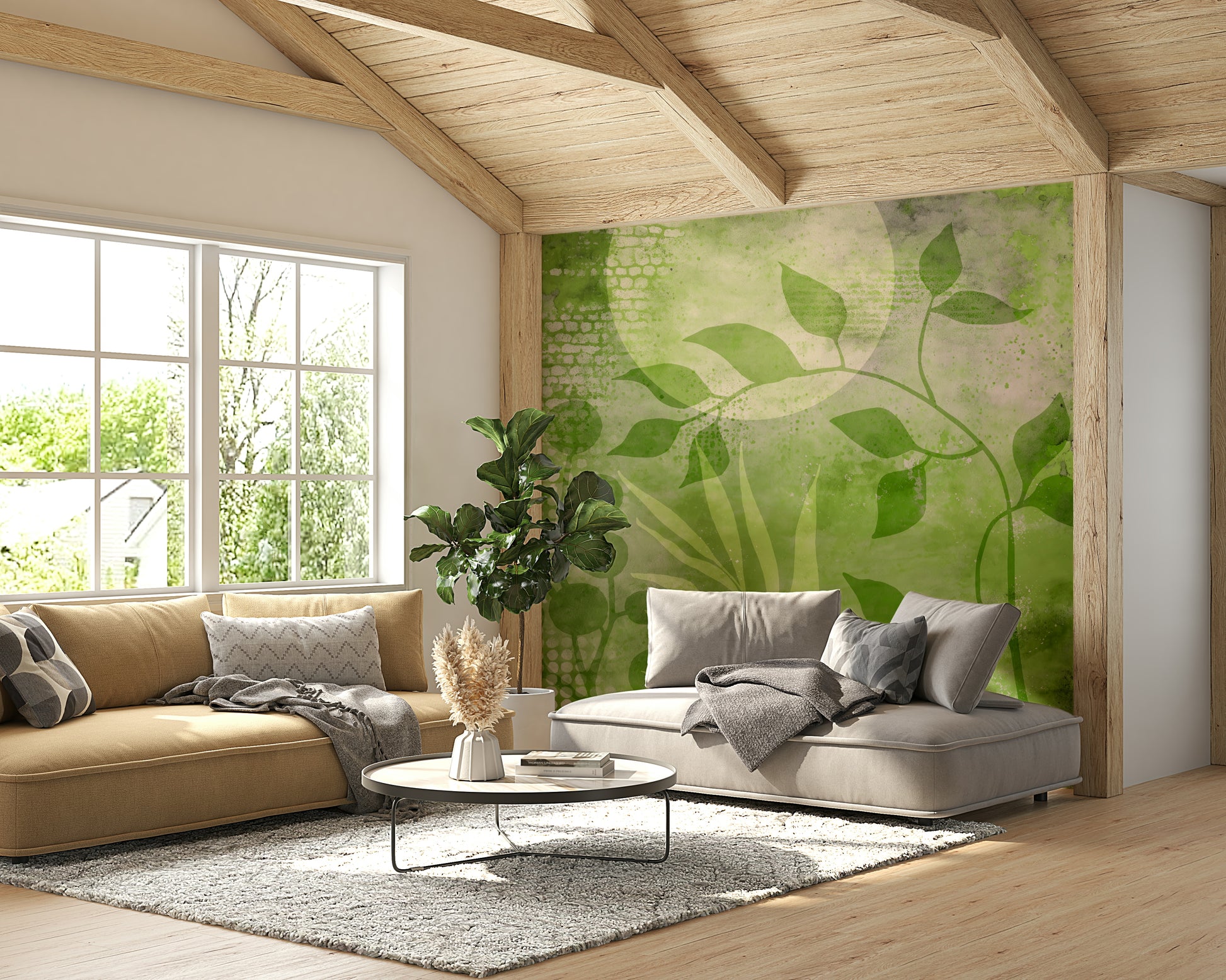 Artistic wall mural with soft greenery and flow

