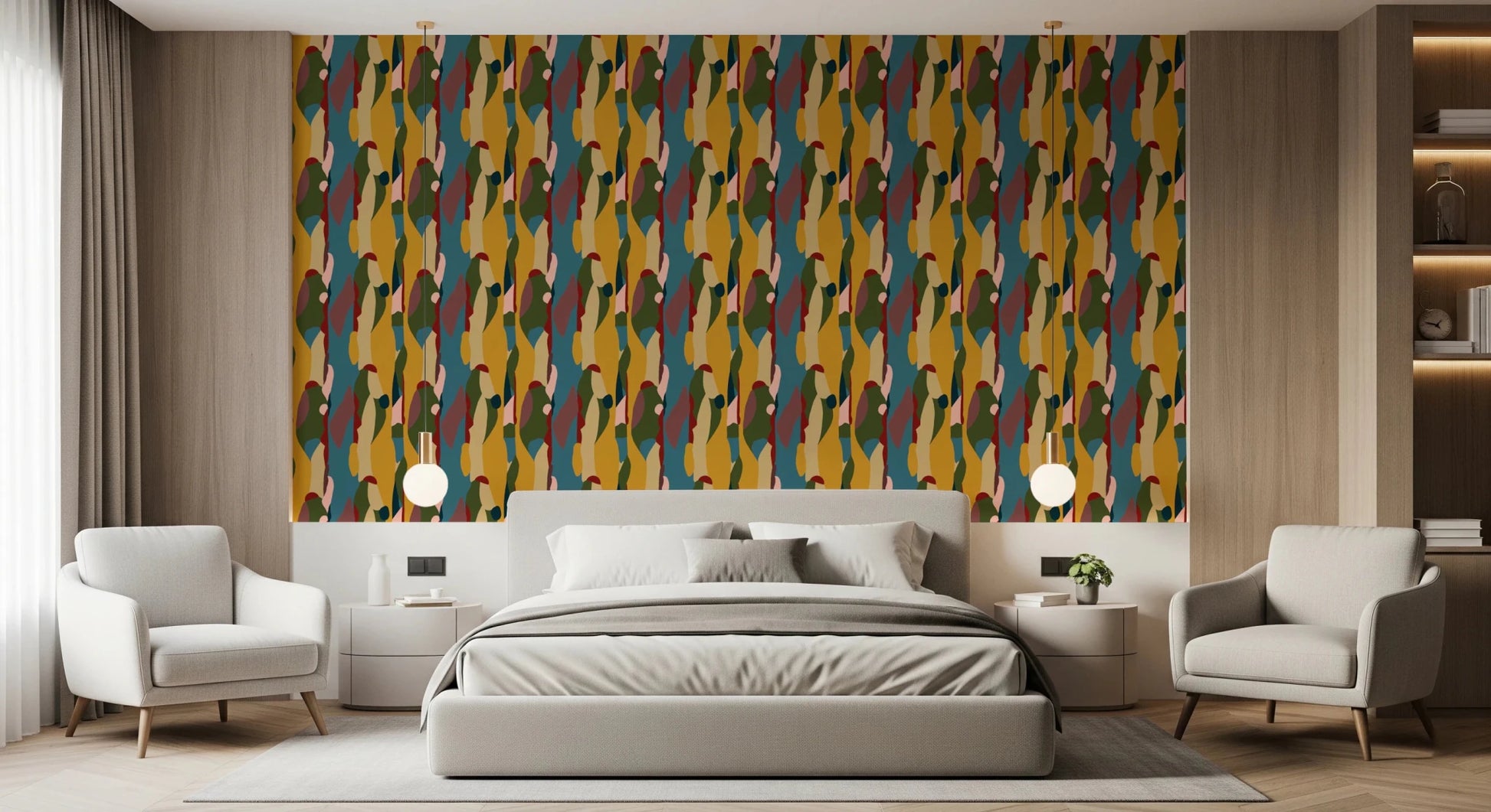 Close up of Abstract Harmony Geometry Shapes Wallpaper showing matte finish for bedroom
