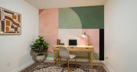A peaceful geometric abstract mural on decorative wallpaper.

