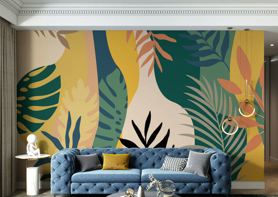 A peaceful wall mural with a natural, abstract design.

