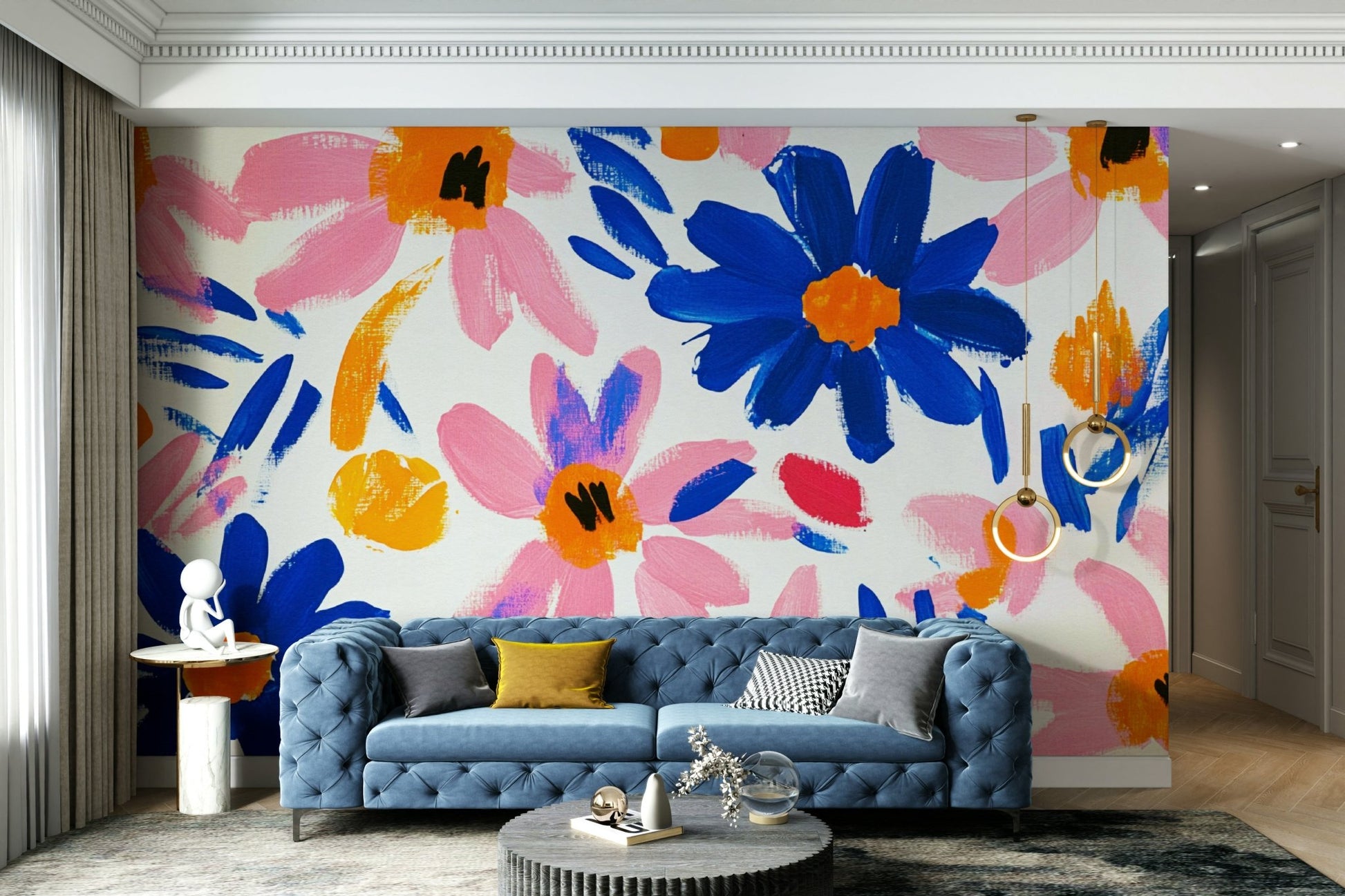 Expressive flower mural with vivid graphic design

