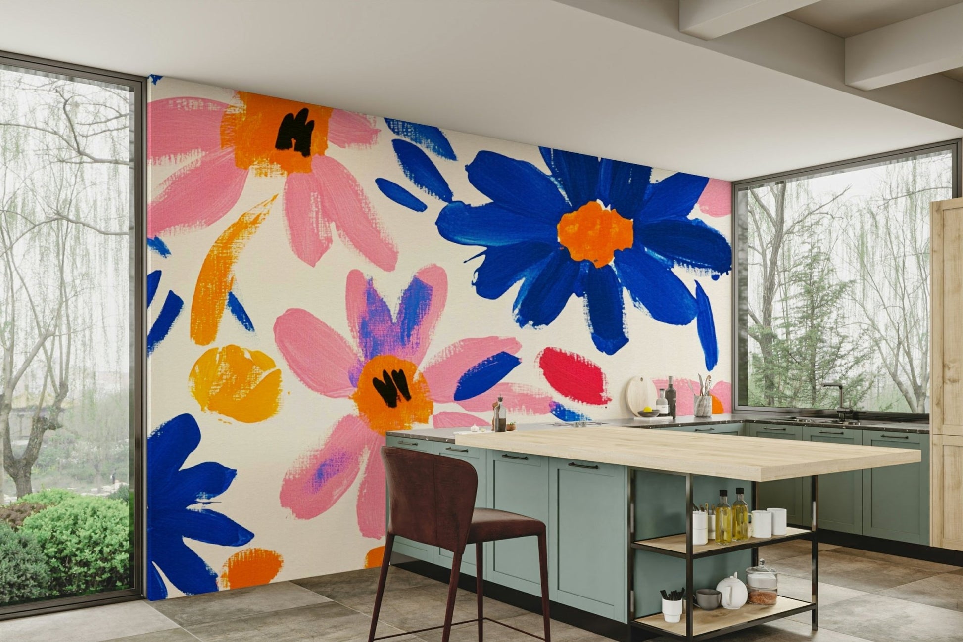 Artistic wall mural with Matisse-style florals

