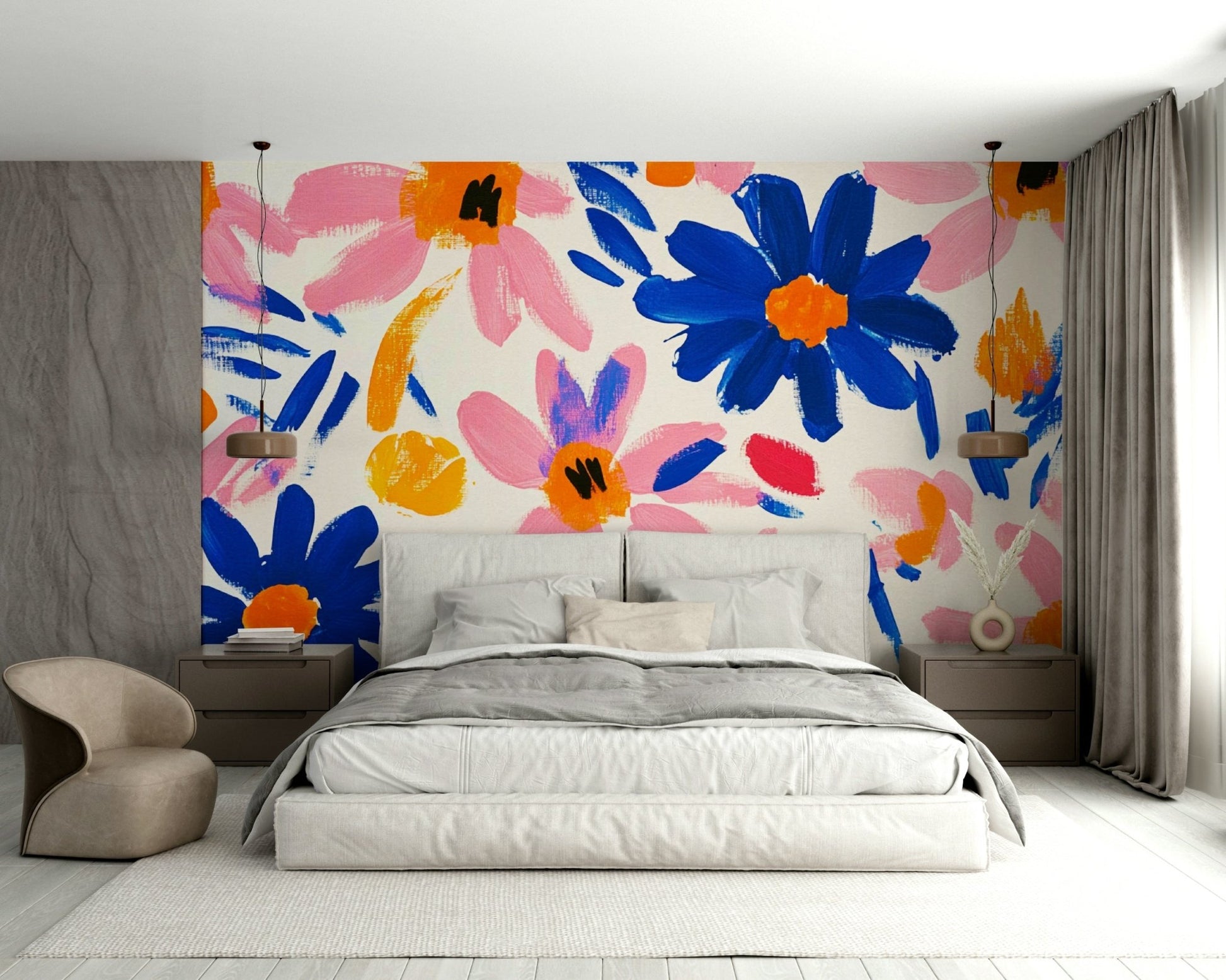 Colorful cut-out flower mural in abstract design


