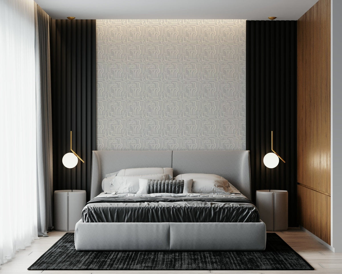 Soft gray and cream linear design, Abstract Maze pattern wallpaper.