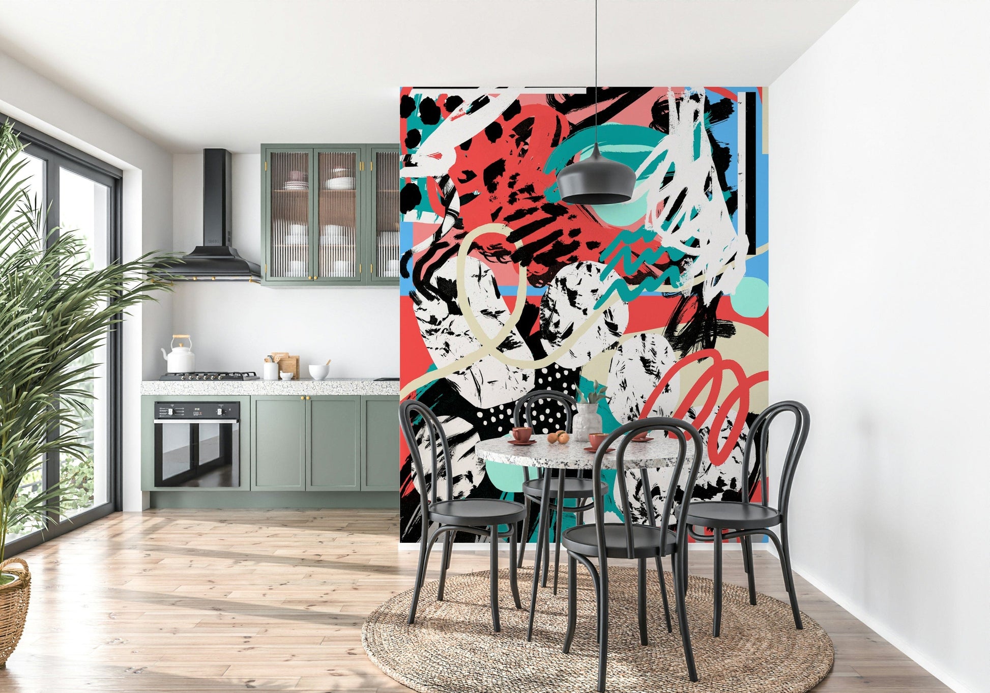 A peaceful open sky mural on decorative wallpaper.