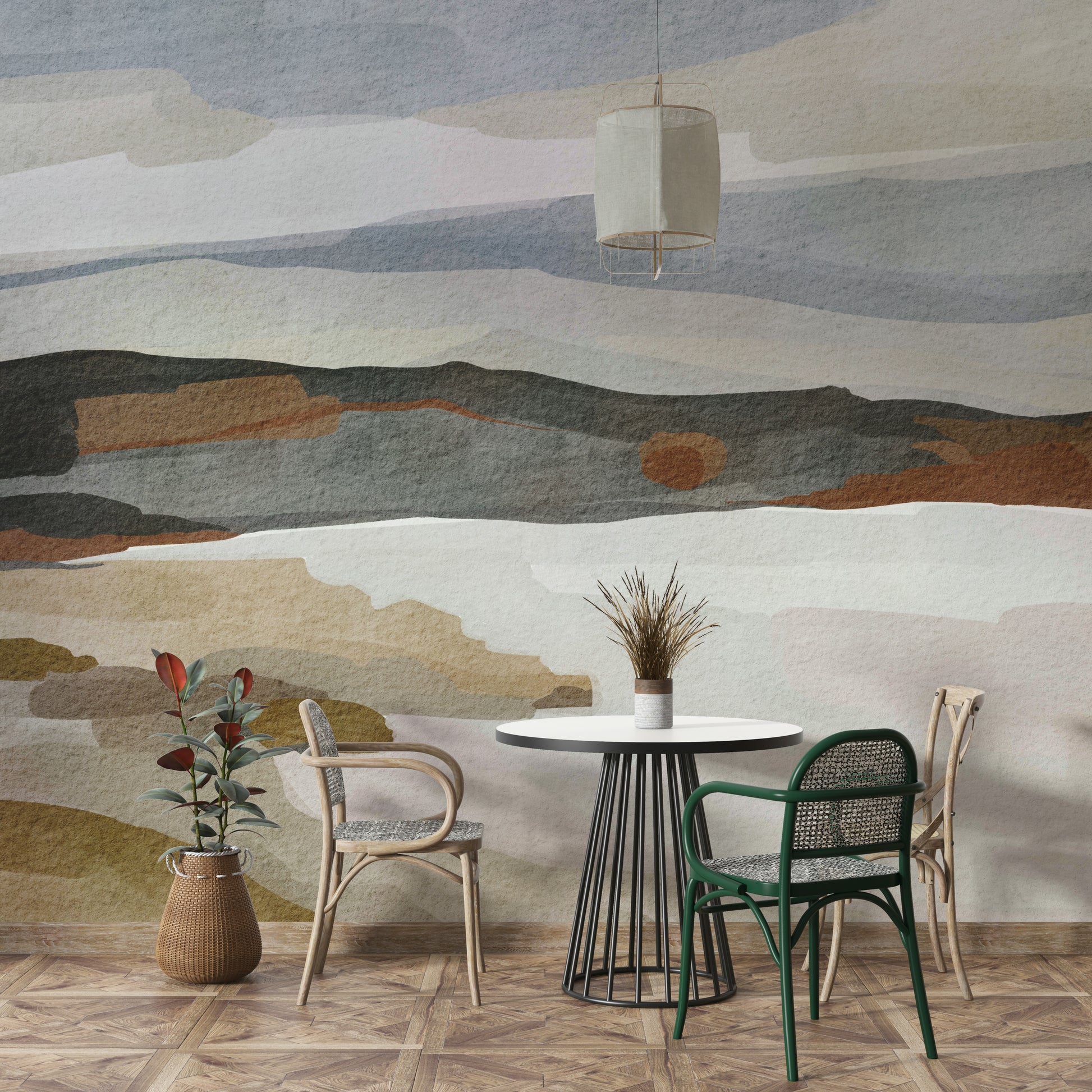 Living room styled with abstract mountain mural

