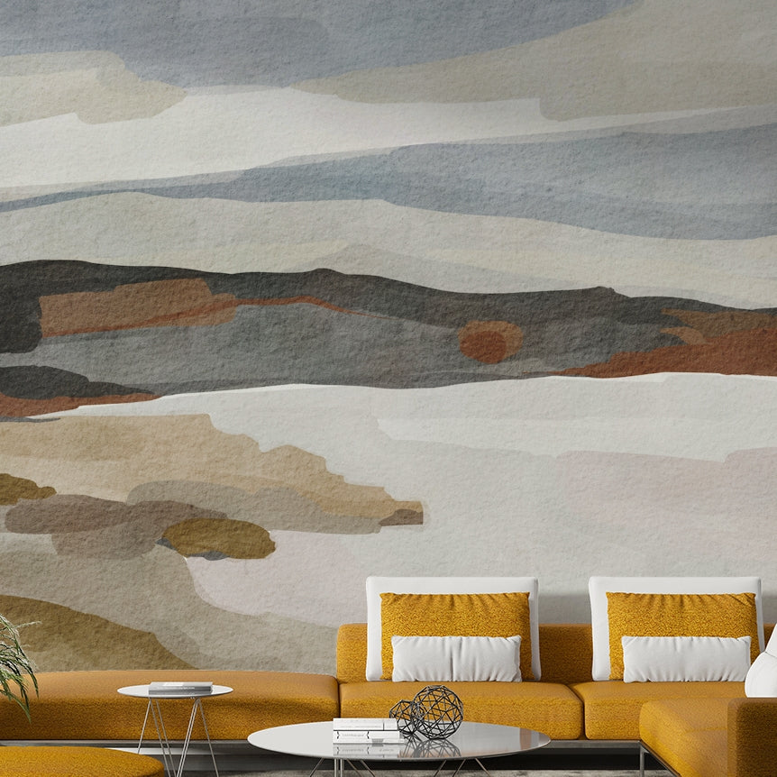 Neutral-toned mural wallpaper with mountain shapes

