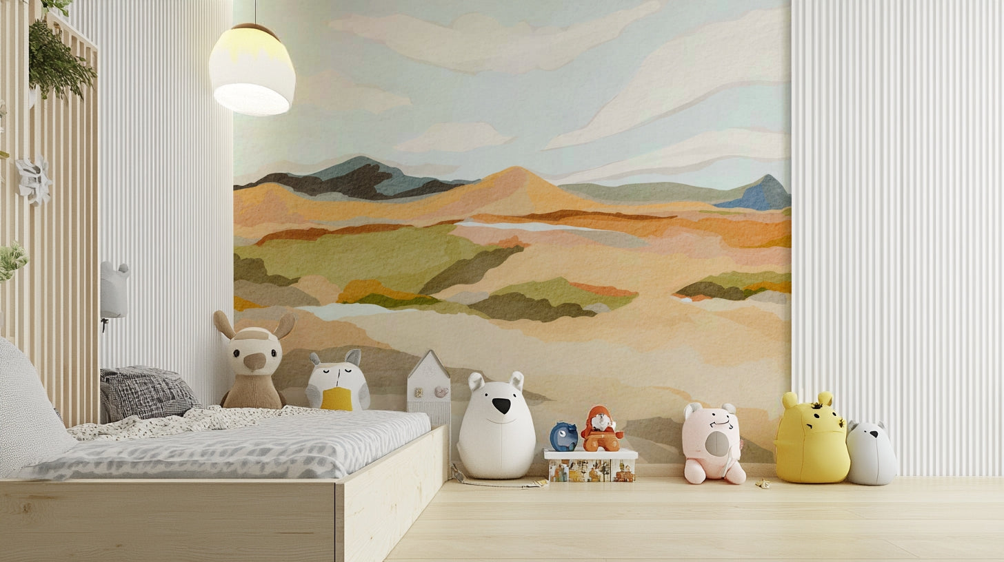Abstract mountain range mural adding depth to room decor

