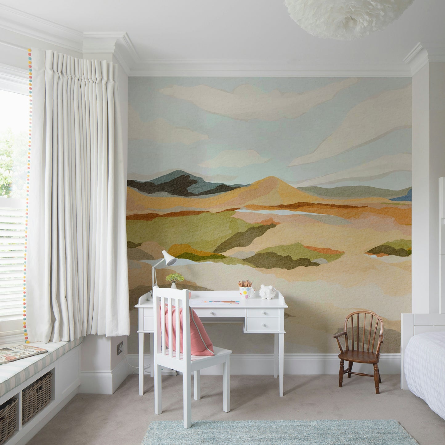 Large-scale abstract mountain vista mural in blue tones


