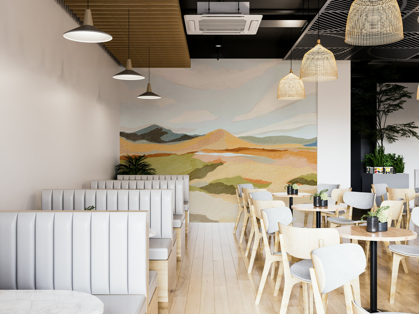 Contemporary wall mural featuring abstract mountain peaks

