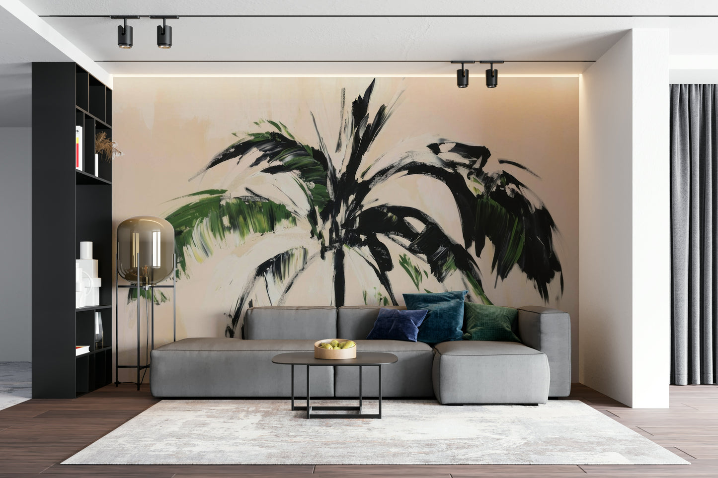 Colorful abstract palm trees against sunset backdrop