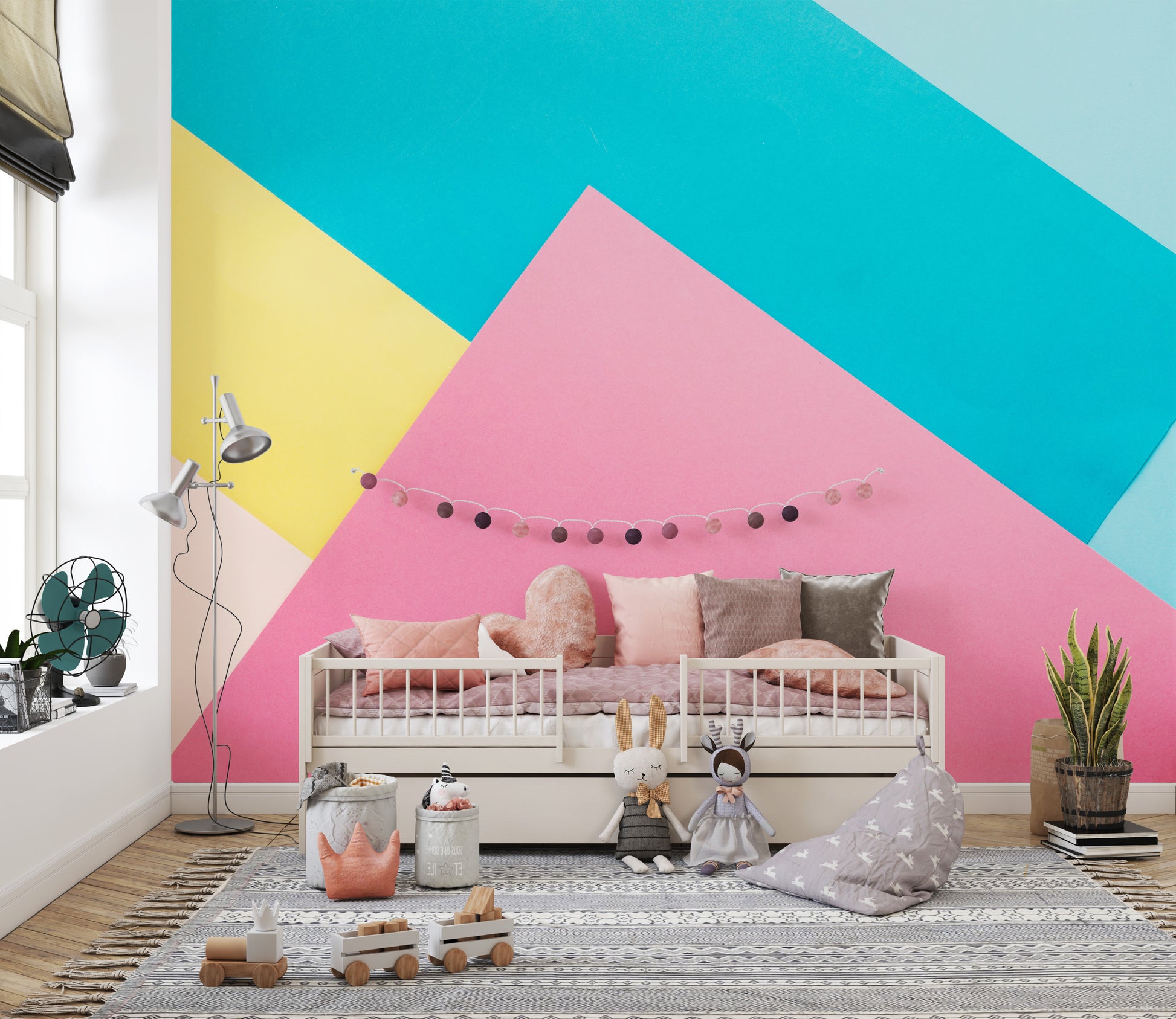 Modern abstract paper mural with soft and vibrant hues.
