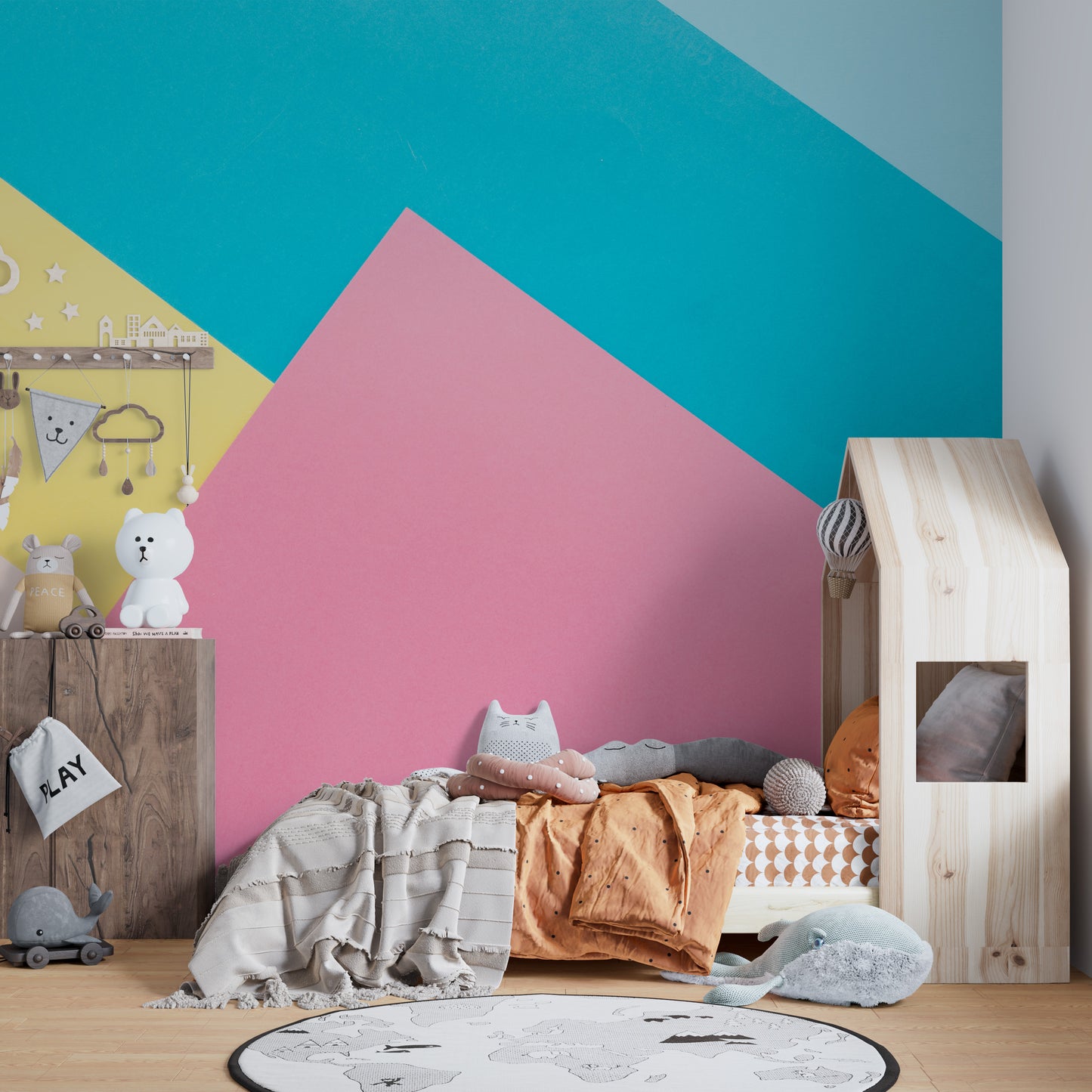 Layered abstract paper color mural for a unique wall aesthetic.
