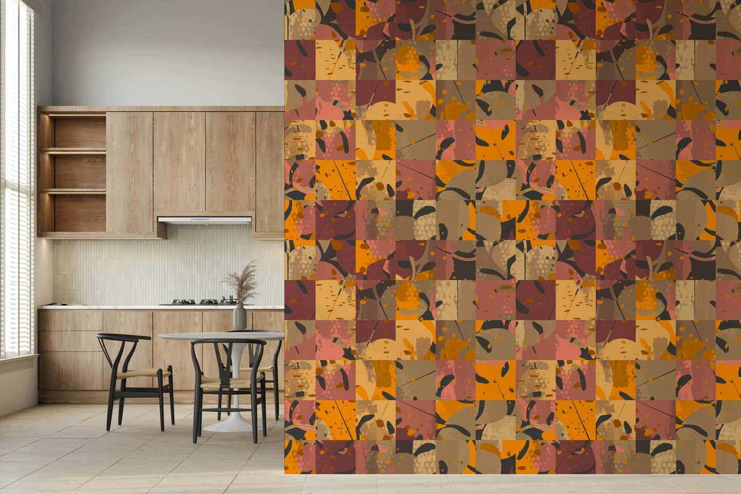 Warm autumnal tones Abstract Patchwork wall mural segmented pattern.