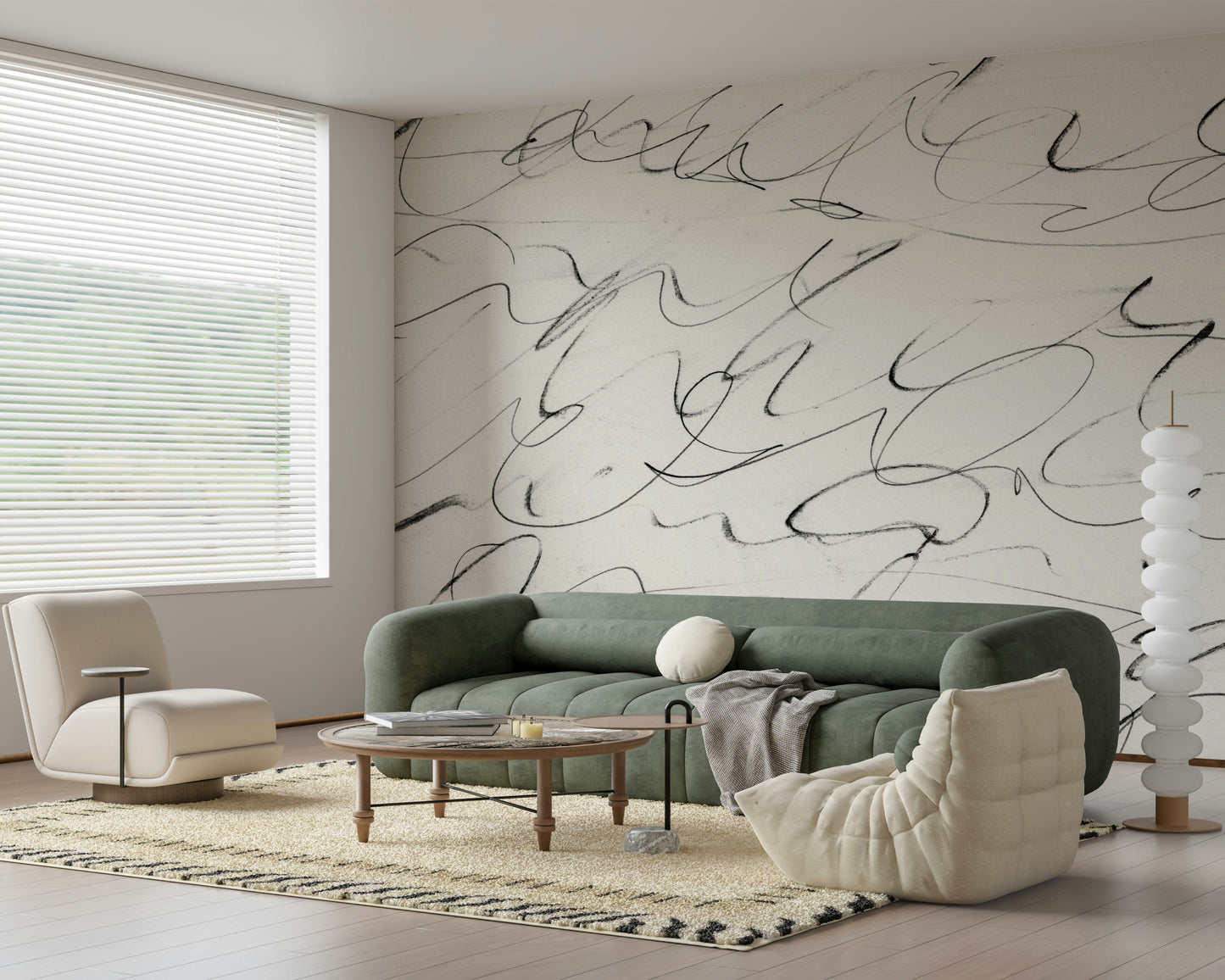 A peaceful modern abstract mural on decorative wallpaper.