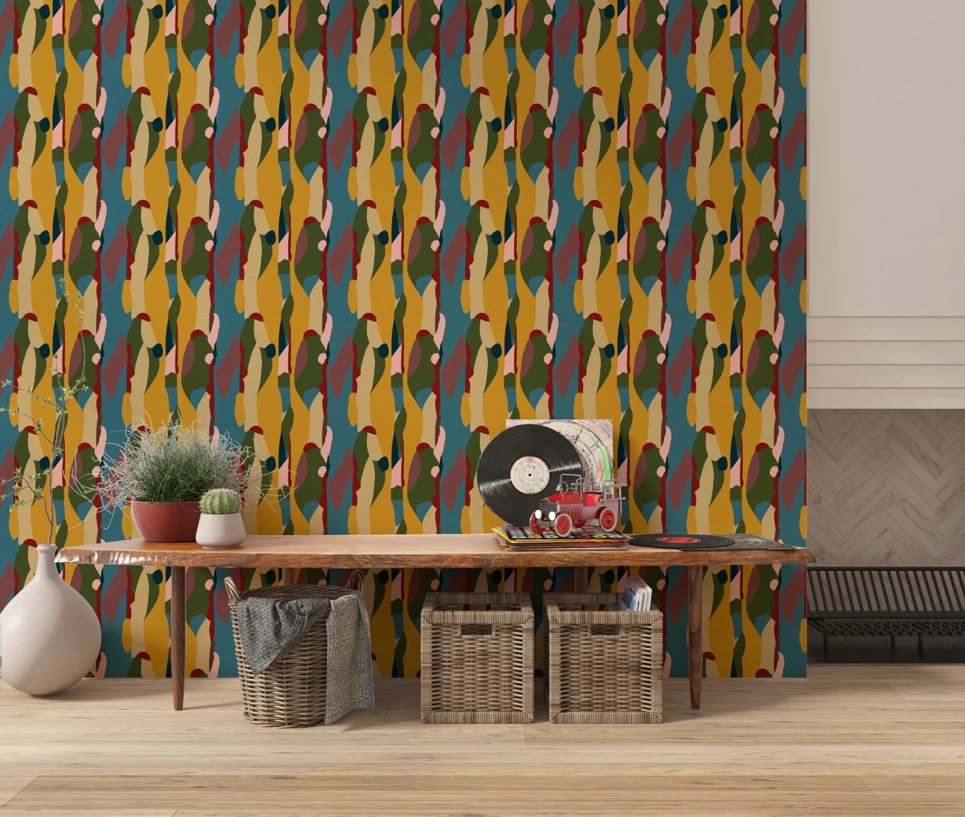 Mid-century inspired Abstract Shapes Modern Geometry Wallpaper design.
