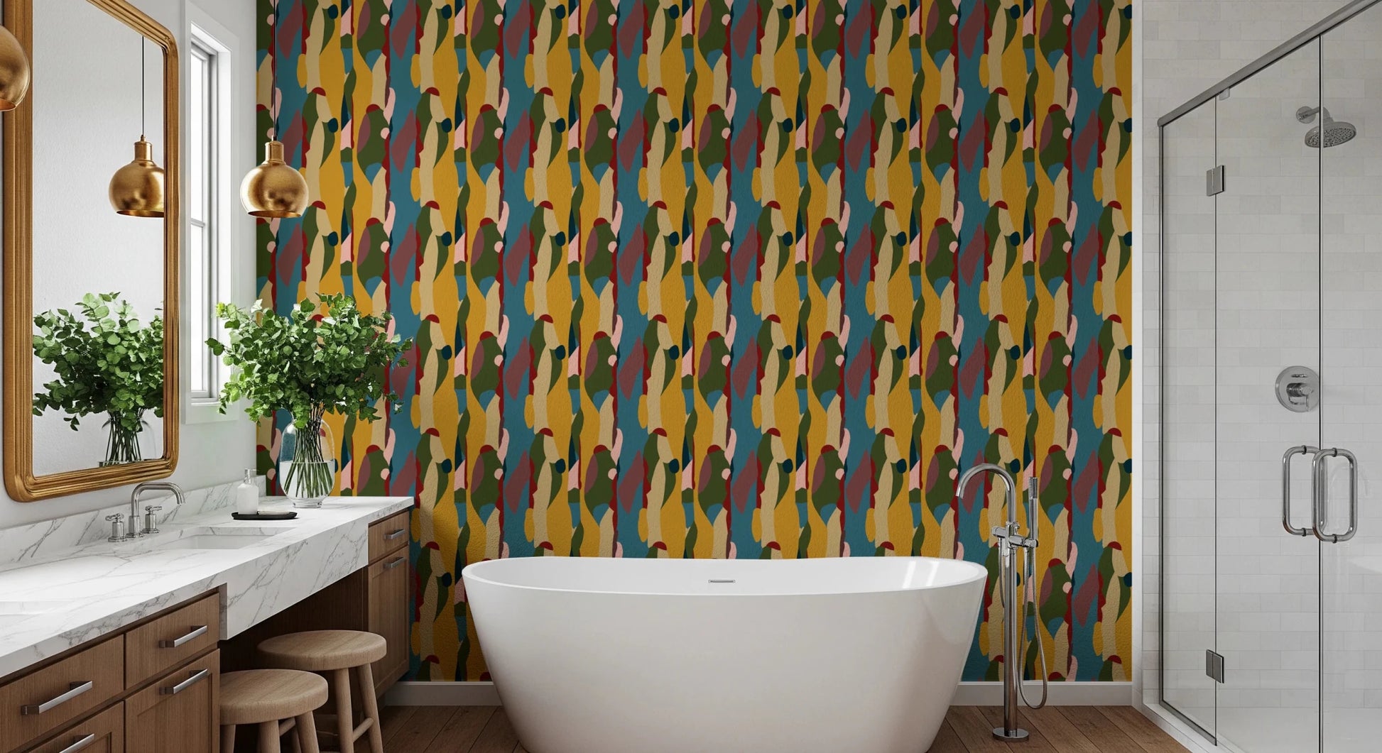 Bold color palette on Abstract Shapes Modern bathroom Geometry Wallpaper design.