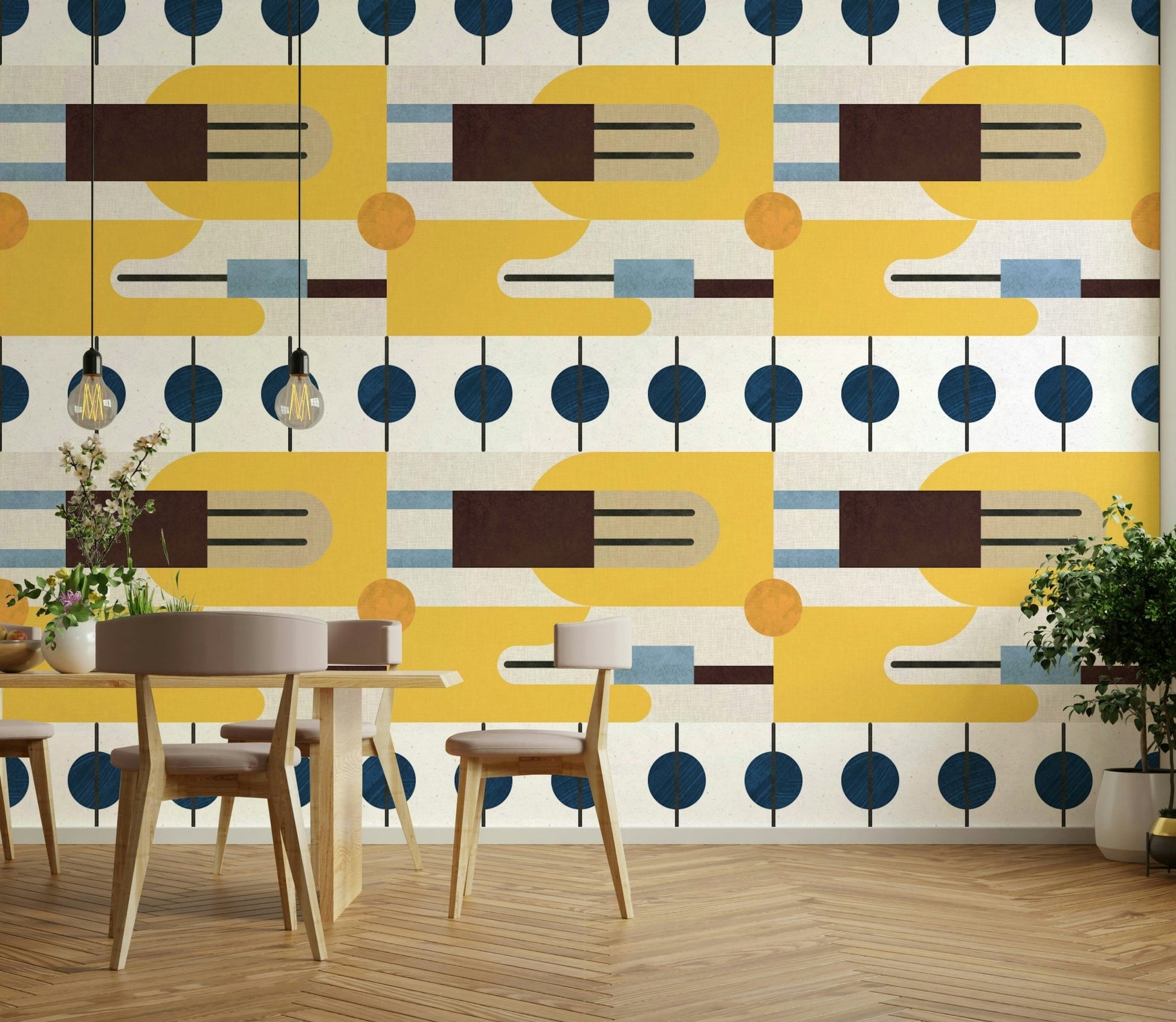 Wall mural featuring layered neutral abstract forms

