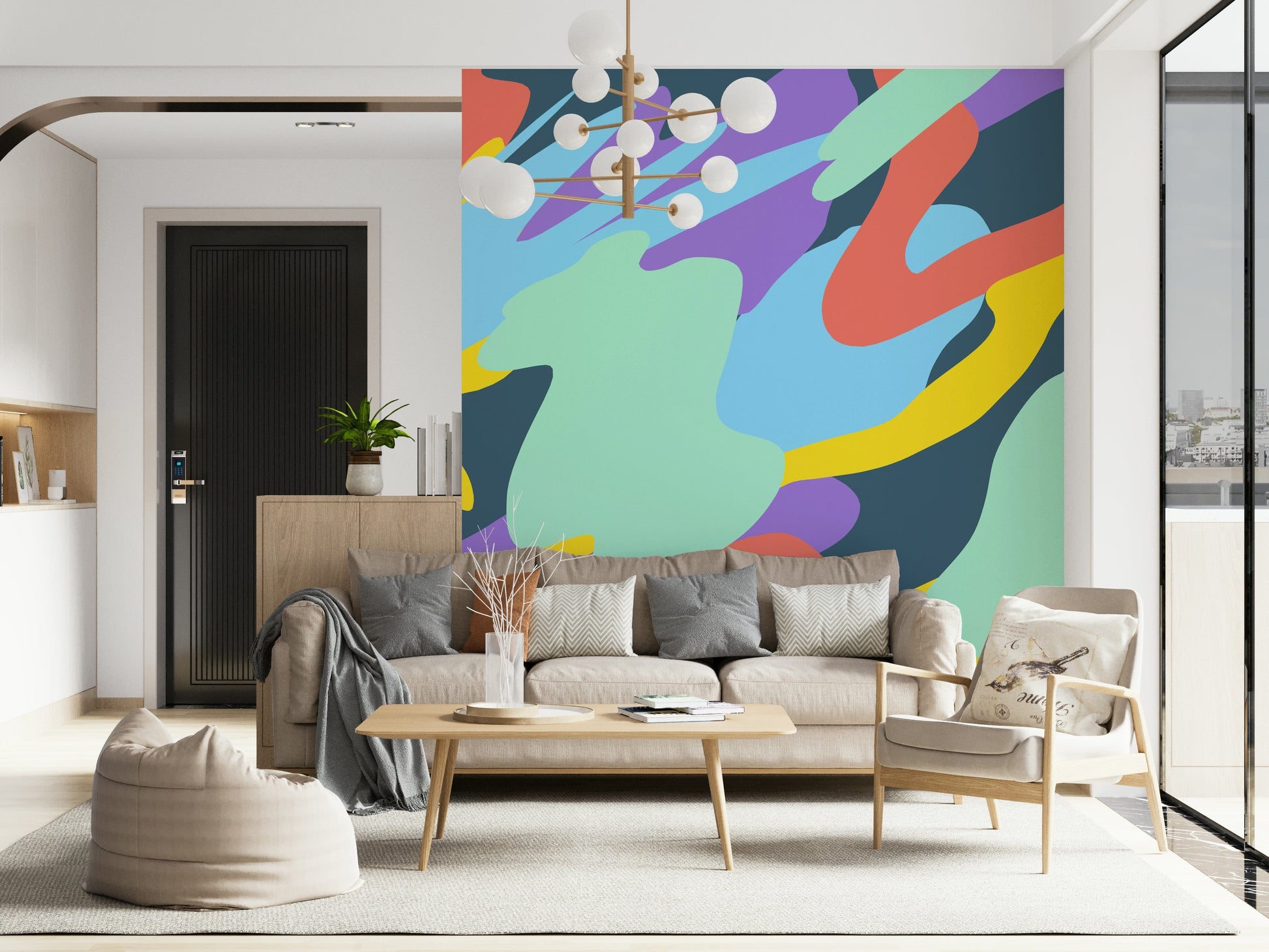 A calming celestial design wallpaper mural that defines a space.