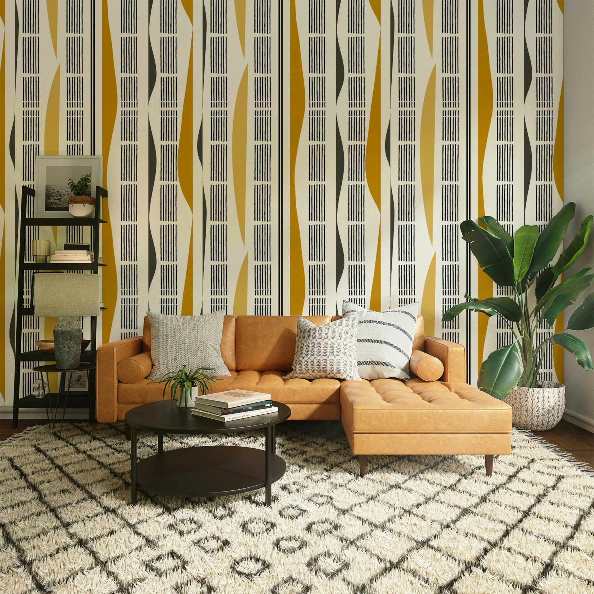 Geometric abstract wallpaper in soft hues of stripes and curves


