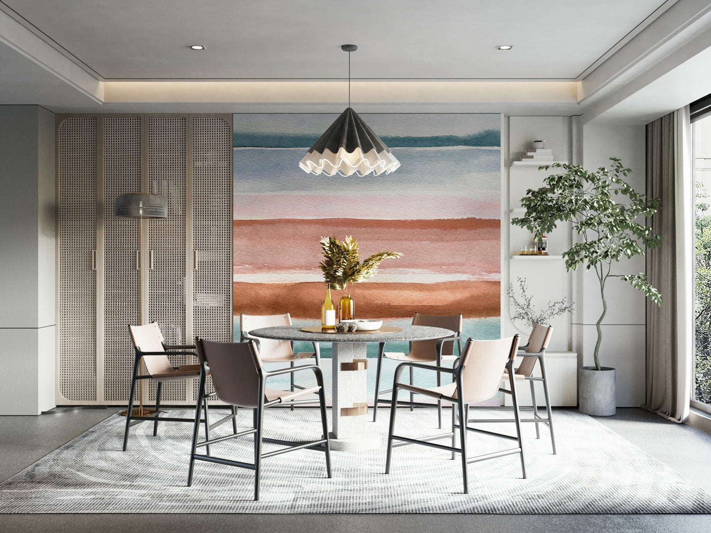 Tranquil stripe wall mural in pastel abstract style

