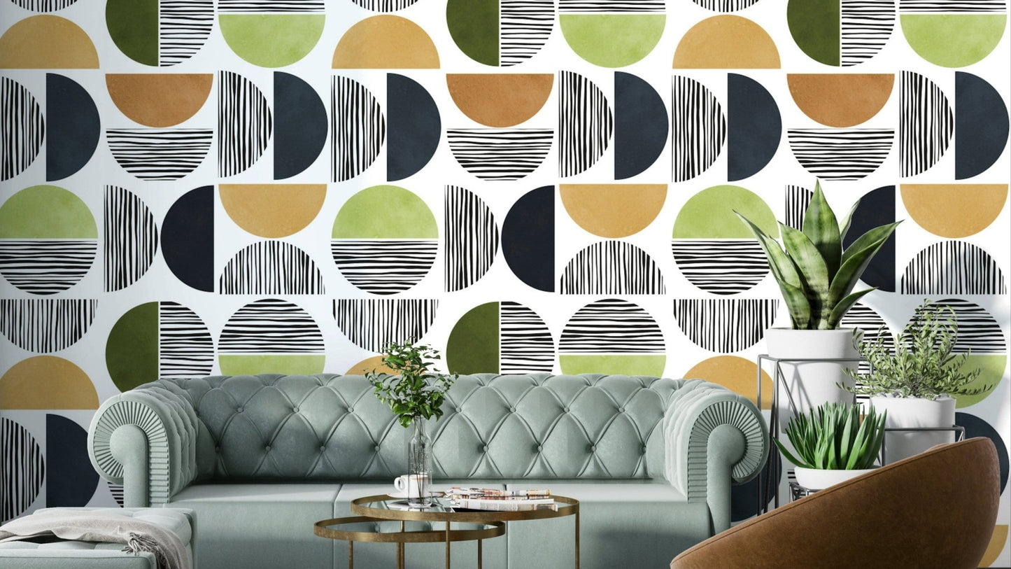 A modern wall mural with an abstract sunscape pattern.

