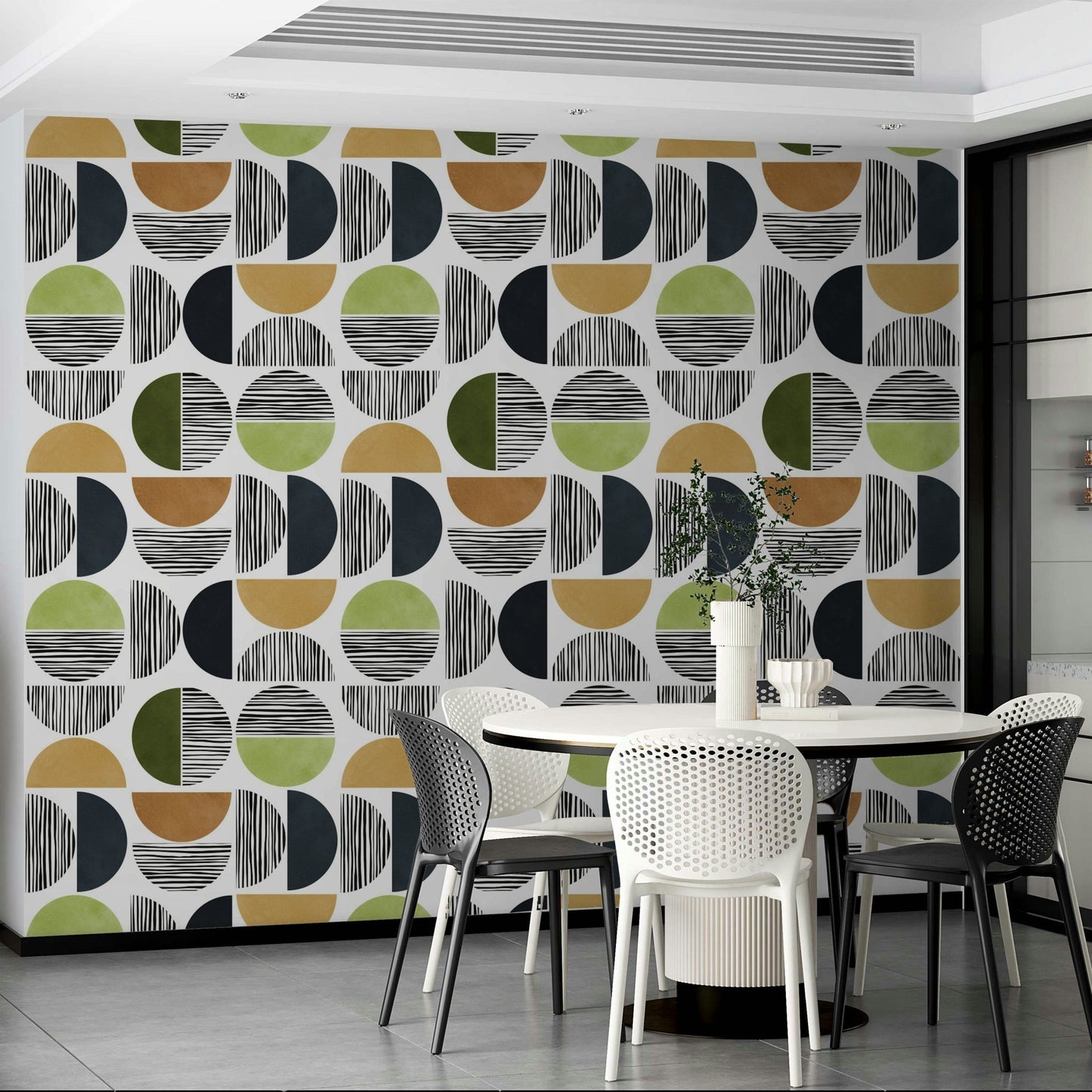 The wallpaper is applied seamlessly, giving the wall a uniform, high-end look.

