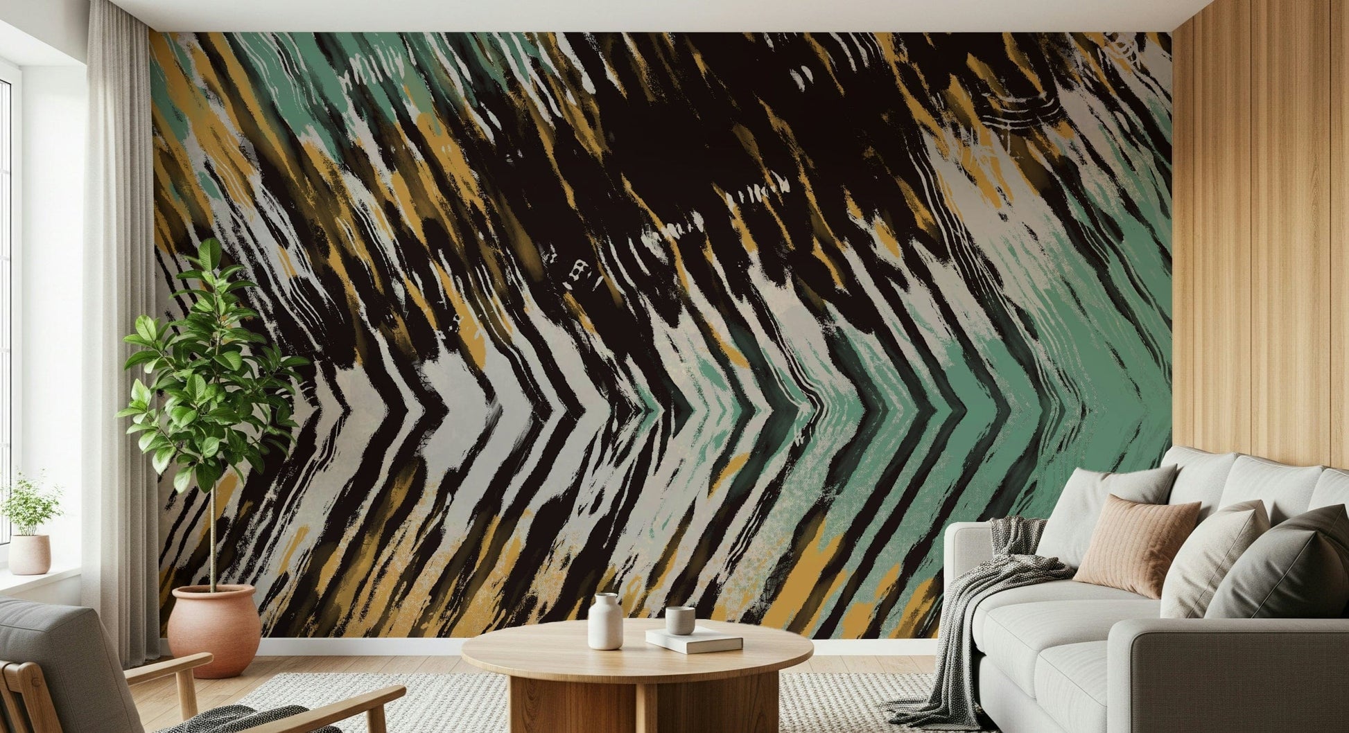 An artistic soft focus mural on minimalist wallpaper.