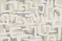 Minimal lounge with abstract terrain mural, soft color tones
