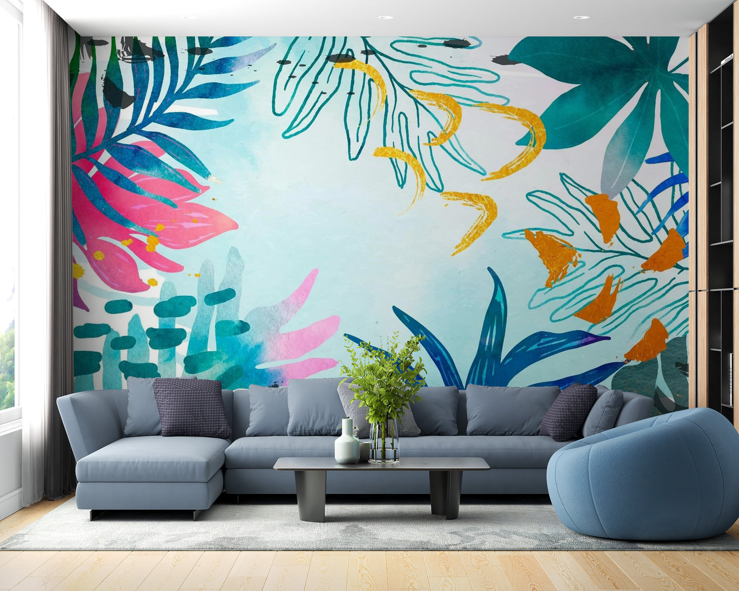 Abstract summer watercolor wallpaper mural with vivid tones.