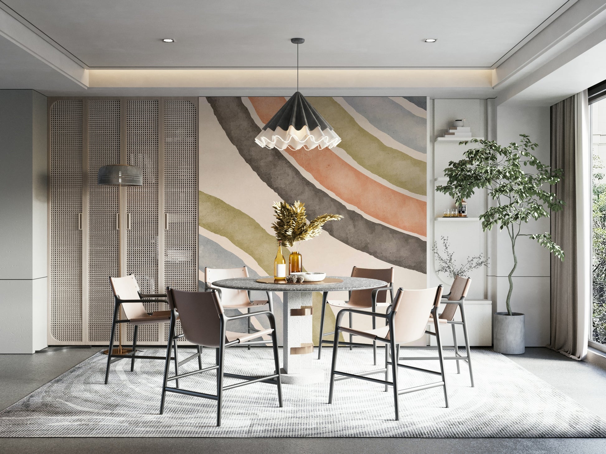 Delicate arc shapes in abstract wall mural

