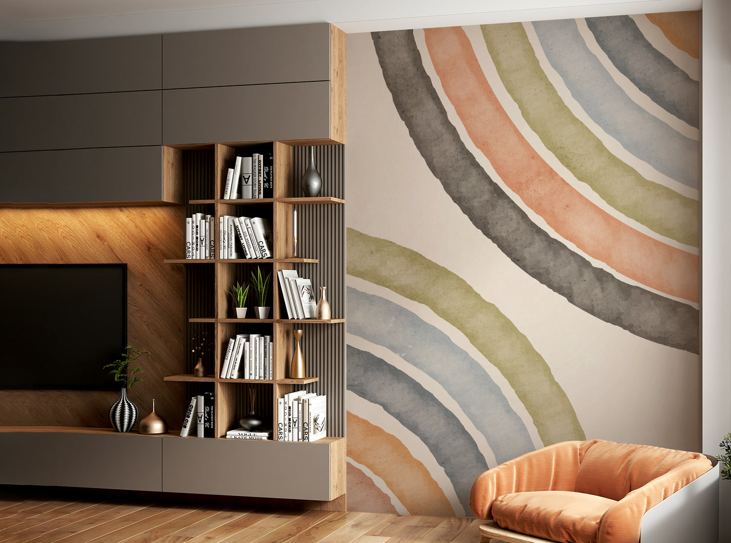 Gentle curved arcs mural in watercolor tones

