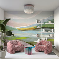 Soft-colored hill mural in abstract watercolor style

