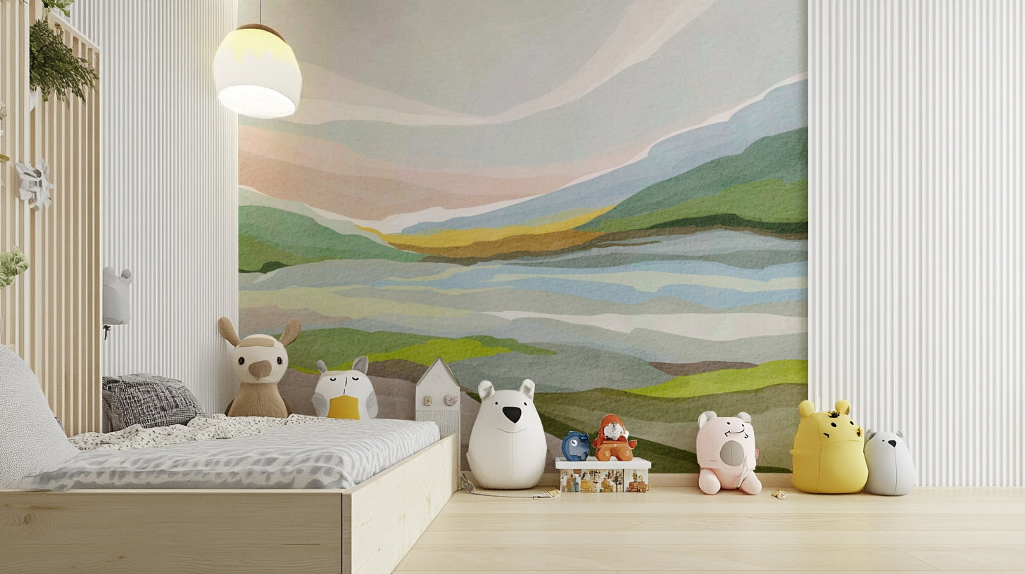 Watercolor landscape mural with pastel hill tones

