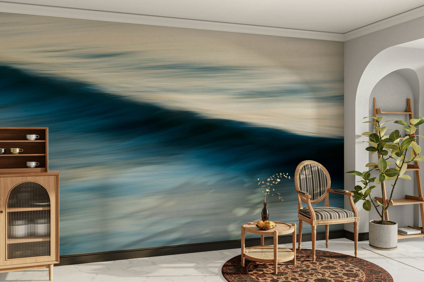 A calming water movement wallpaper mural that defines a space.

