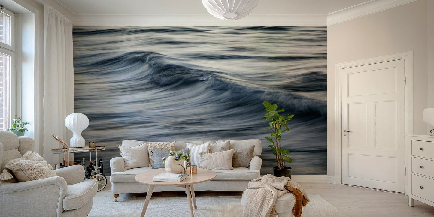 A minimalist home office with the abstract wave wallpaper.

