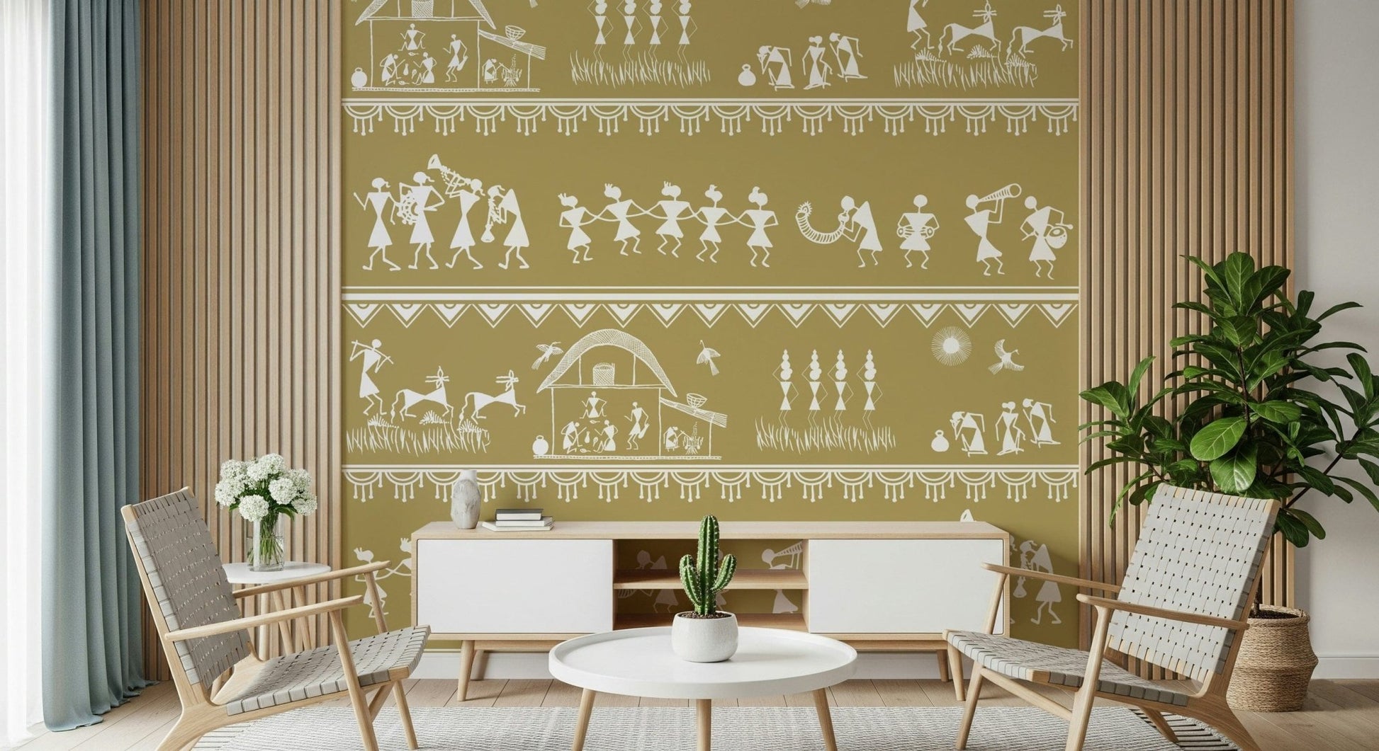 Traditional tribal wall art featuring dancers, musicians, farmers, and animals in a horizontal layout