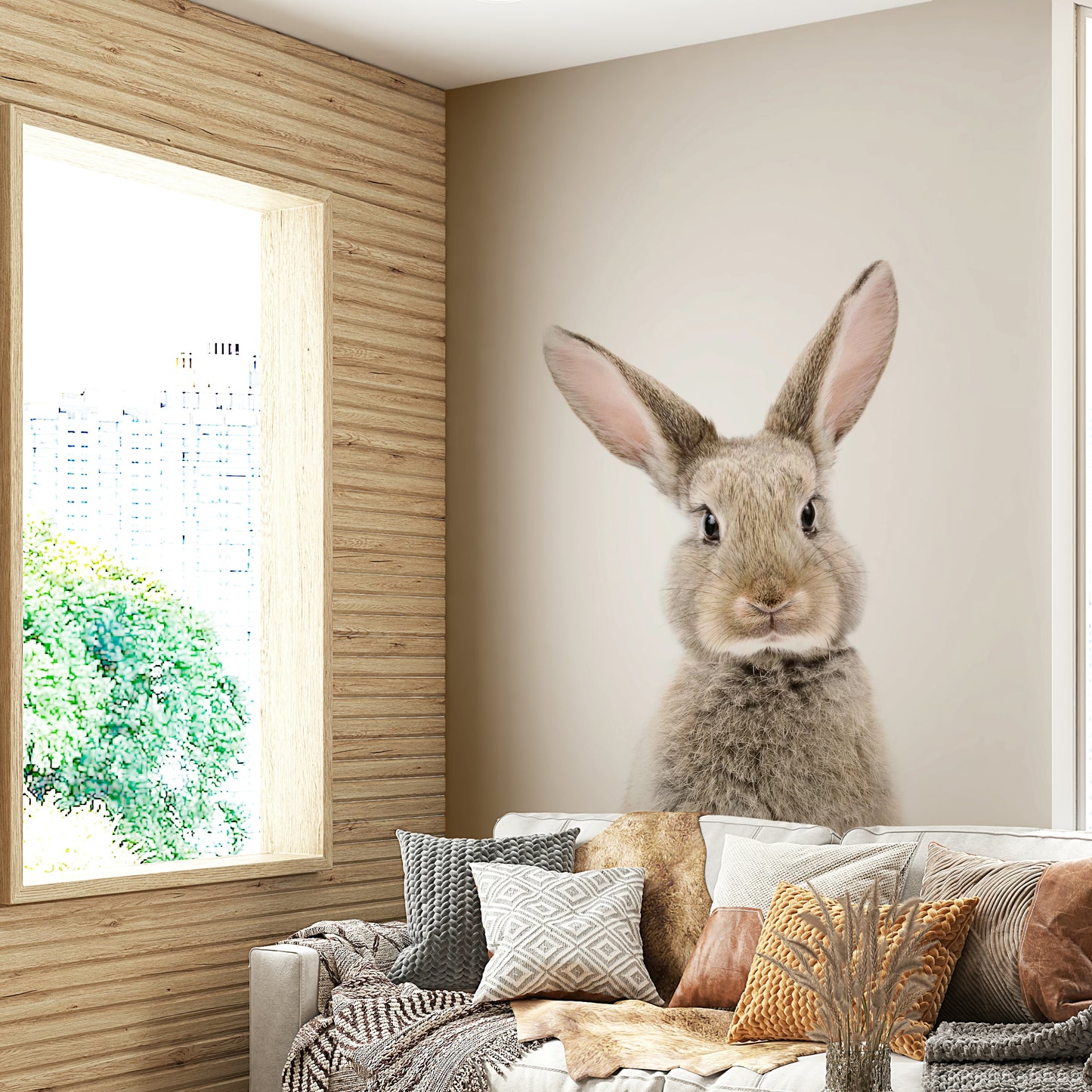 Playful rabbit mural for animal-themed interiors

