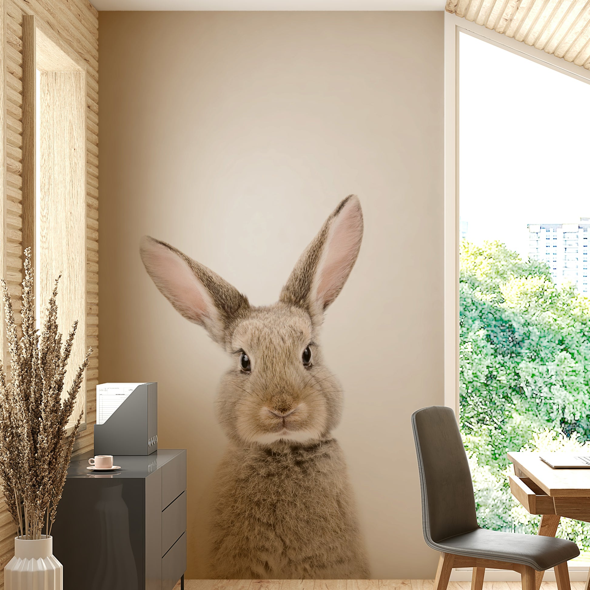 Baby bunny mural in soft neutral tones

