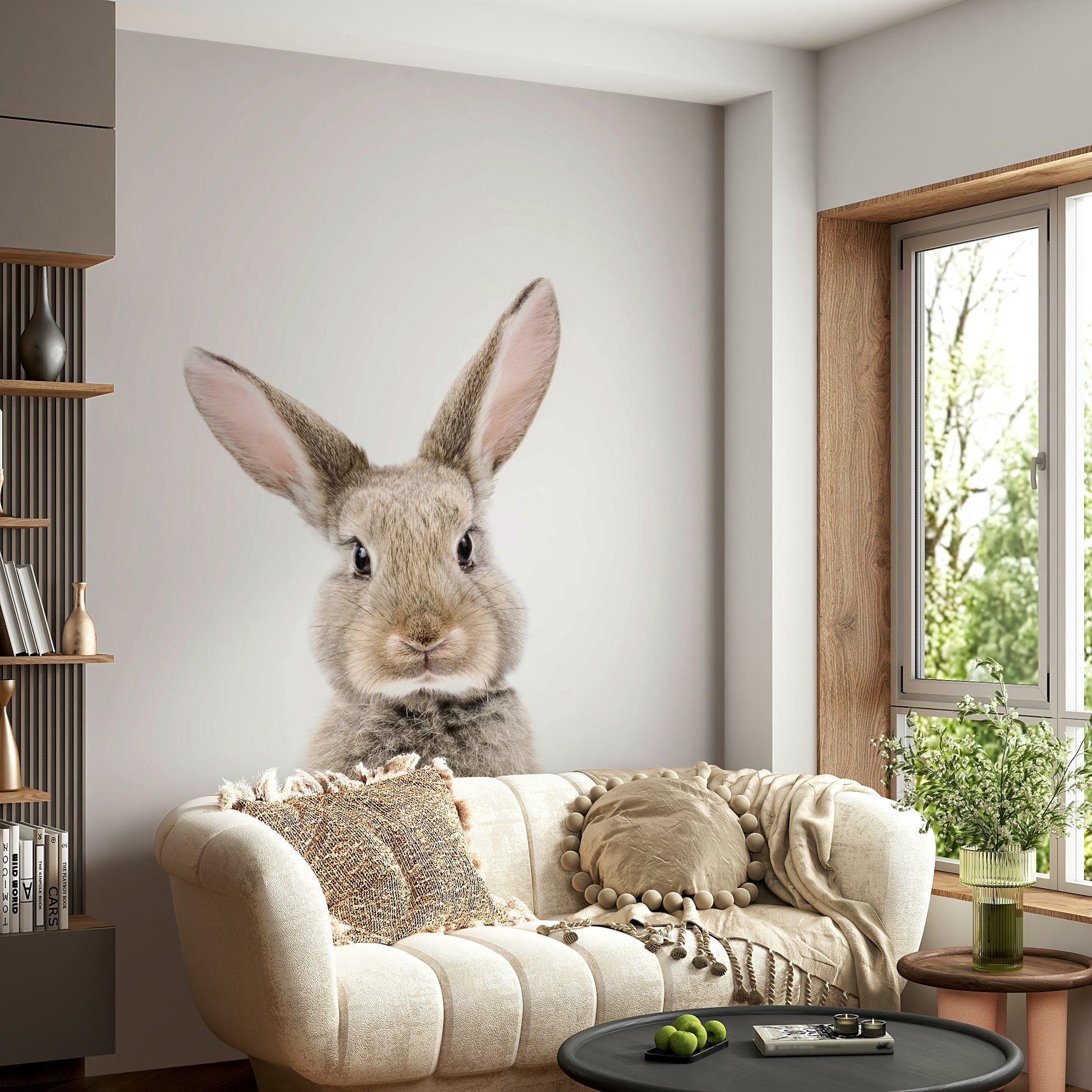 Woodland mural with adorable baby rabbit design

