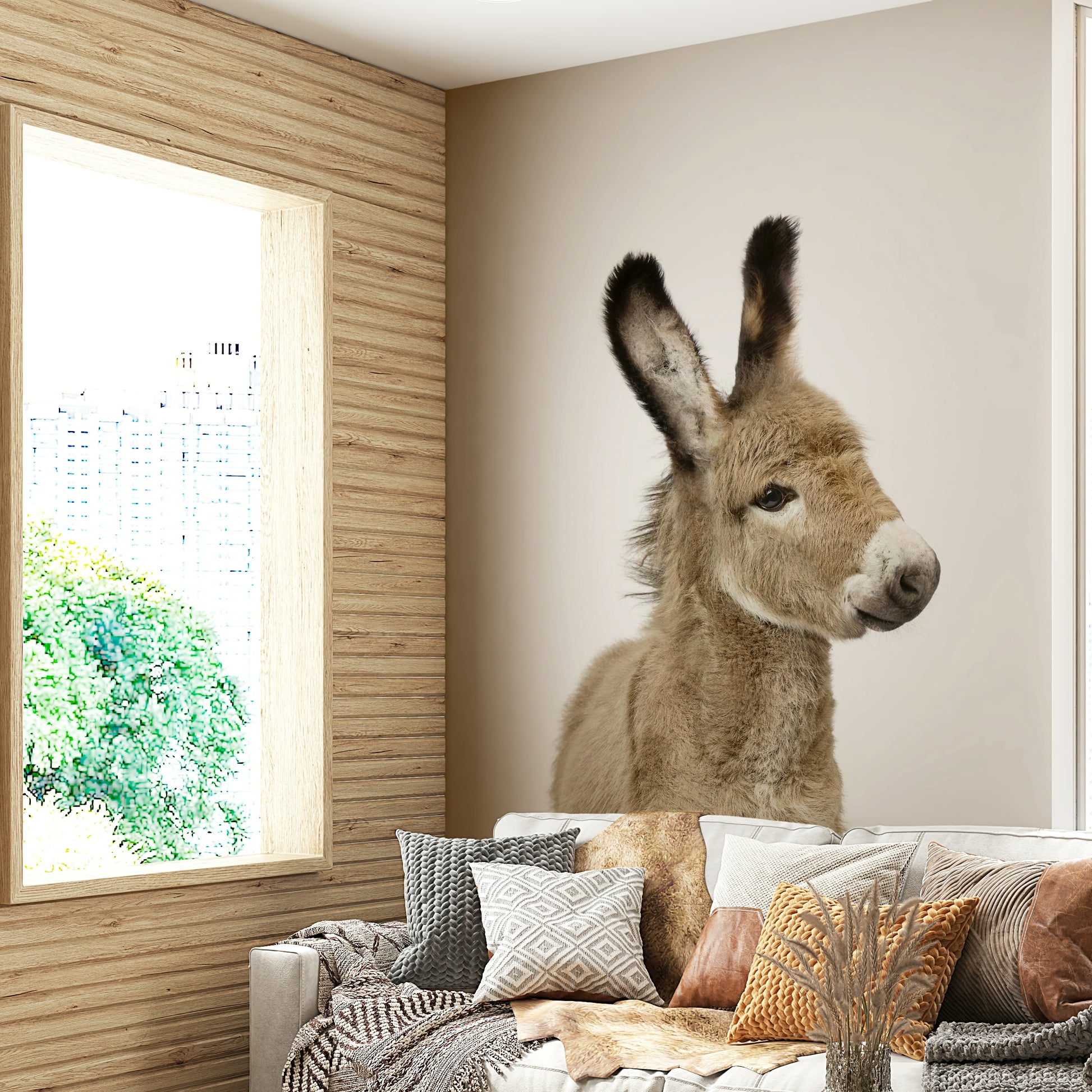 Rustic baby donkey mural for kids' farm theme


