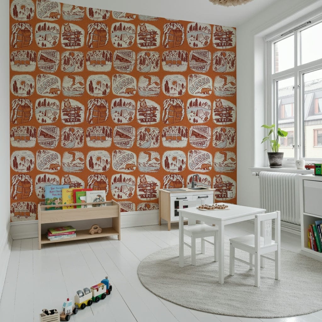 Outdoor Explorer wallpaper showcasing playful sketches of mountains, backpacks, and campfires.