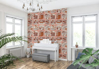Outdoor-themed wallpaper featuring repeating Alaska travel badges in earthy red and cream tones.