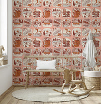 Camping-themed wallpaper mural with sketch-style patches of Alaska scenery, bears, eagles, and vans.