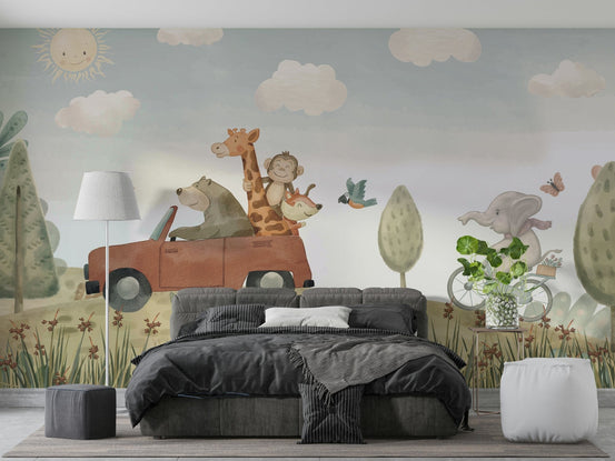The image shows an artistic impression of a serene landscape with mountains and a trail.

