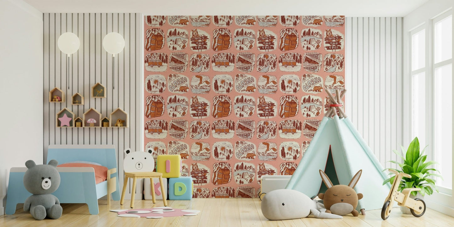 Rustic adventure wallpaper featuring hand-drawn Alaska-inspired wilderness patches.