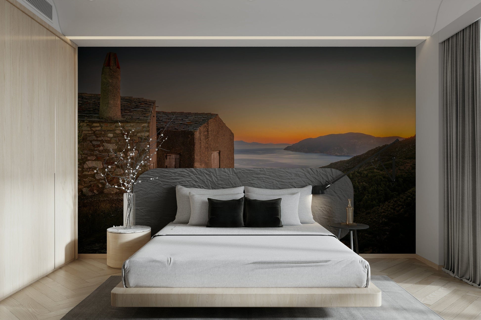 A contemplative white village wallpaper mural for a feature wall.

