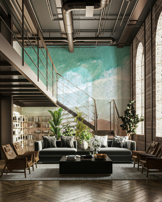 Aerial view ocean wall mural with blue waters

