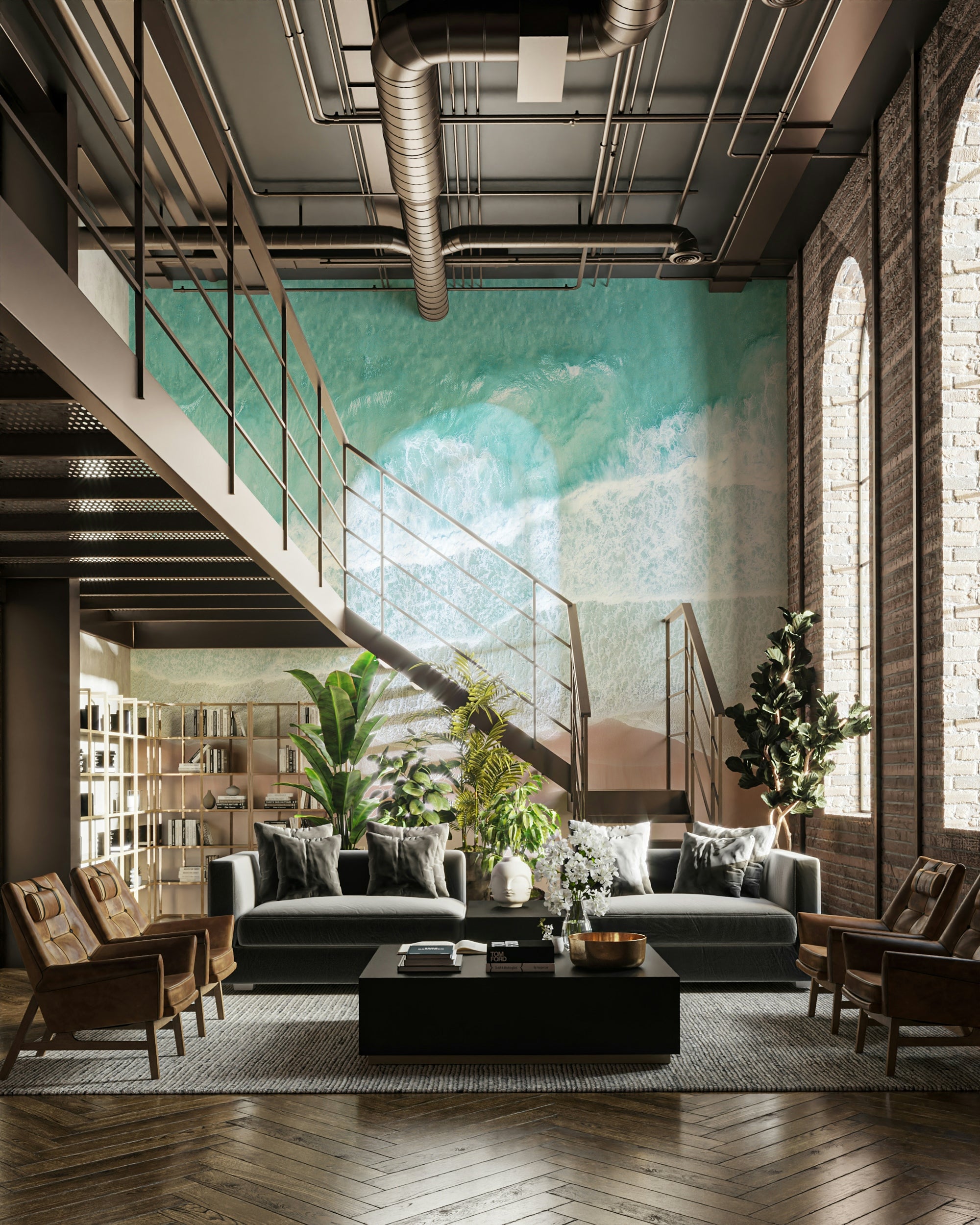Aerial view ocean wall mural with blue waters


