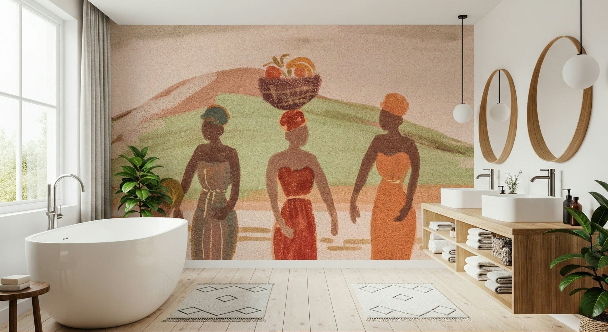 Echoes of the Motherland Wall Mural — lively depiction of African women in colorful attire bearing harvest.
